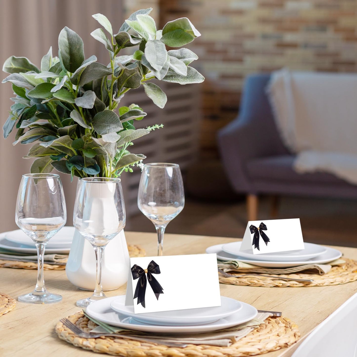 25 Pack Black Bow Place Cards, Editable Name Cards for Table Setting, Tent Cards Food Label for Dinner Party, Bridal Shower, Wedding, Baby Shower and Events -T29