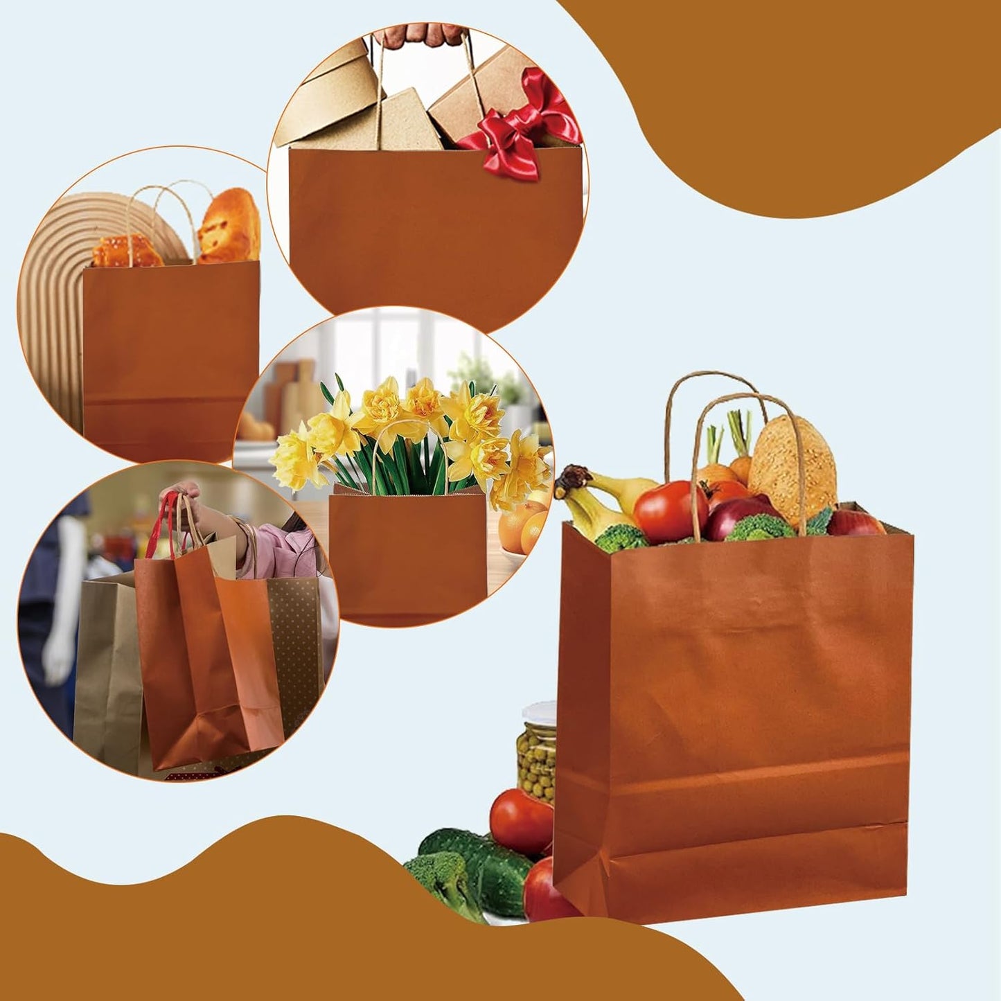 BAG BOX 25 Pack Small 5.9x3.1x8.25 Inch Orange Kraft Paper Gift Bags with Handles for Bulk Shopping, Retail, Craft, Party Favors, Wedding, Grocery & Sacks