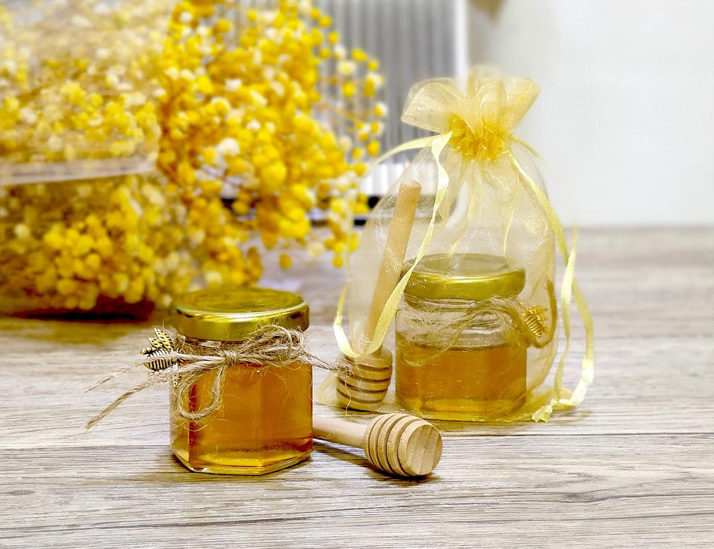 Honey Pot, Glass Honey Jars, Small Honey Jars with Wooden Dippers, Bee Charms, Gold Gift Bags and Jutes Lids, Mini Honey Jars Baby Shower Favors, 1.5oz 40 Pack