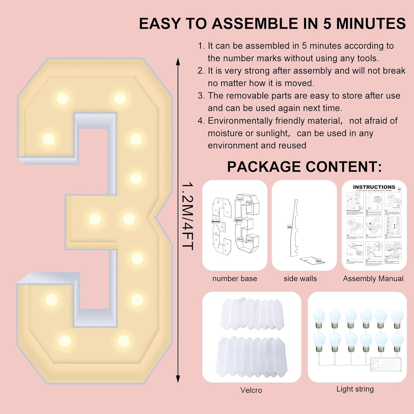 4FT Plastic Marquee Numbers 3 - Light up Numbers Are Made from Corrugated Plastic Board - Quick Assembly Without Tools, Disassembled Components Can Be Used for Photo Wall Decoration, Yard Sale Signs