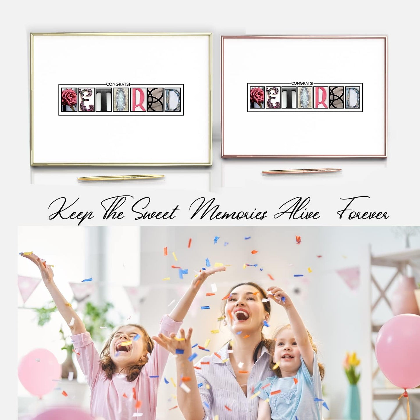 Framed Retirement Decorations Guest Book for Womens 12"x16" Rose Gold Frame - Window Cut Design - Including Gold Pen & Acrylic Glass - Retired Party Decor Gifts for Her