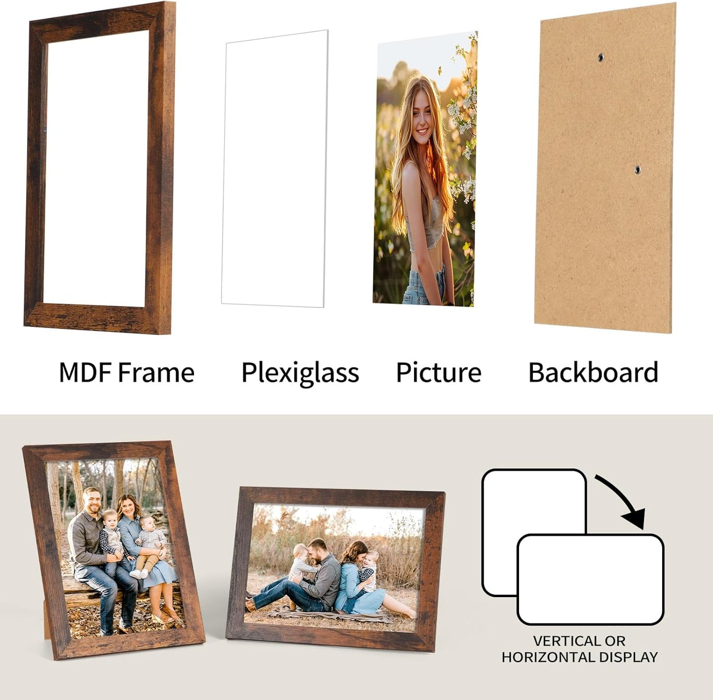 PETAFLOP Picture Frames 5x7 Bulk Set of 18, Wooden Brown Photo Frames Fits 5 by 7 for Wall or Tabletop Display