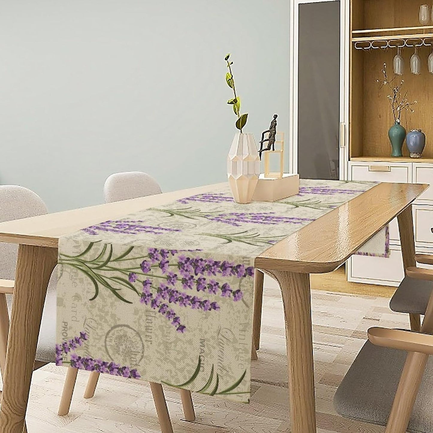 Floral Lavender Table Runner,Vintage Rustic Country Romantic Purple Flower Pattern Print Burlap for Hotel Indoors Outdoor Dining Room Kitchen Home Decor, 13x36in