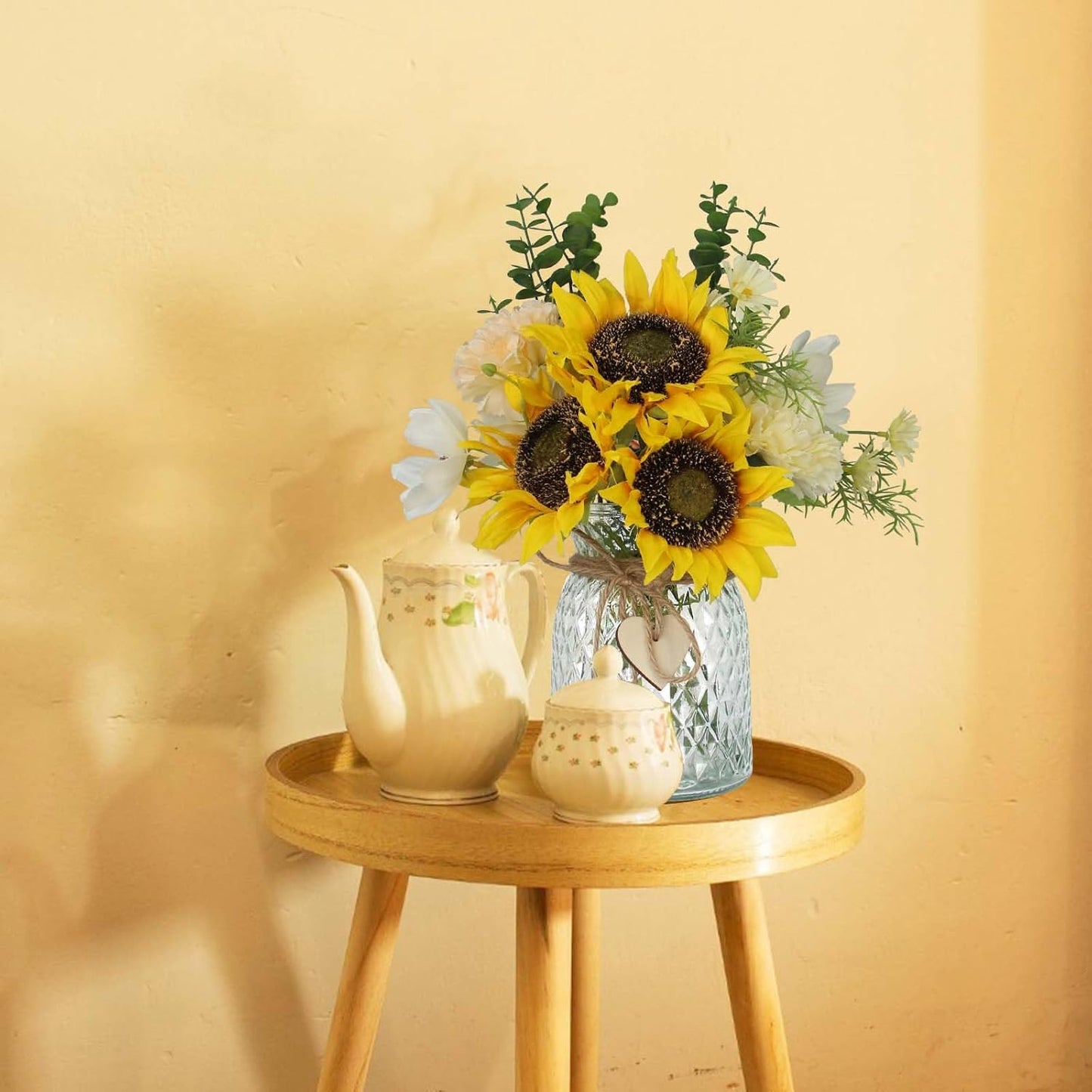 Fake Flowers in Vase,Artificial Sunflower Bouquets in Vase with a Flower Arrangement Holder,Table Centerpieces for Dining Room,Flower Centerpieces for Tables,Faux Flowers for Coffee Table Decor