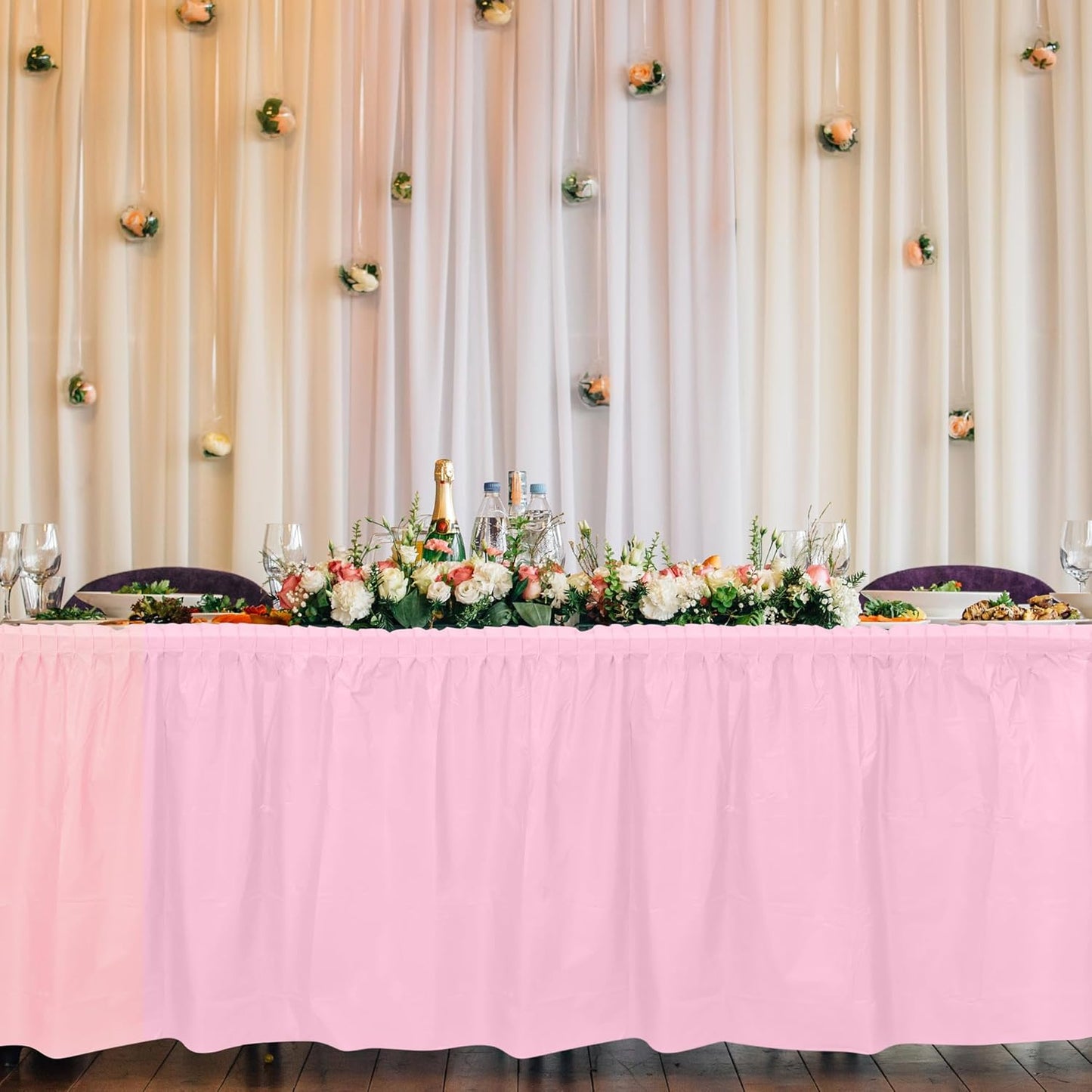 TURSTIN 2 Pieces Pink Plastic Table Skirts 14 x 29 Feet for Rectangle Tables Fitted Tablecloth Disposable Table Cover for Birthday Party, Events, Banquette Baby Shower