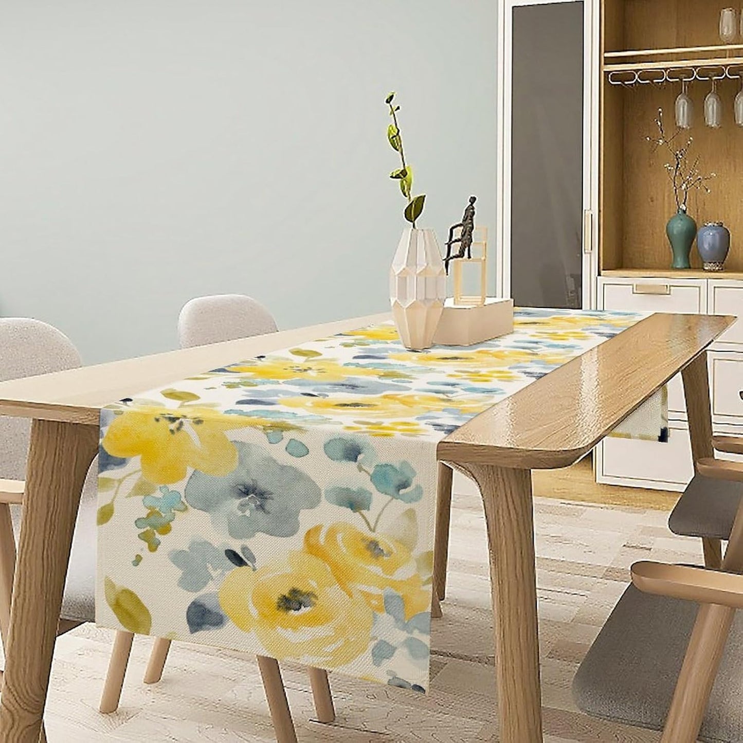 Watercolor Floral Table Runner, Seasonal Summer Yellow Flower Print Kitchen Dinning Table Runner for Indoor Outdoor Home Wedding Party Holiday, 13x120 Inch