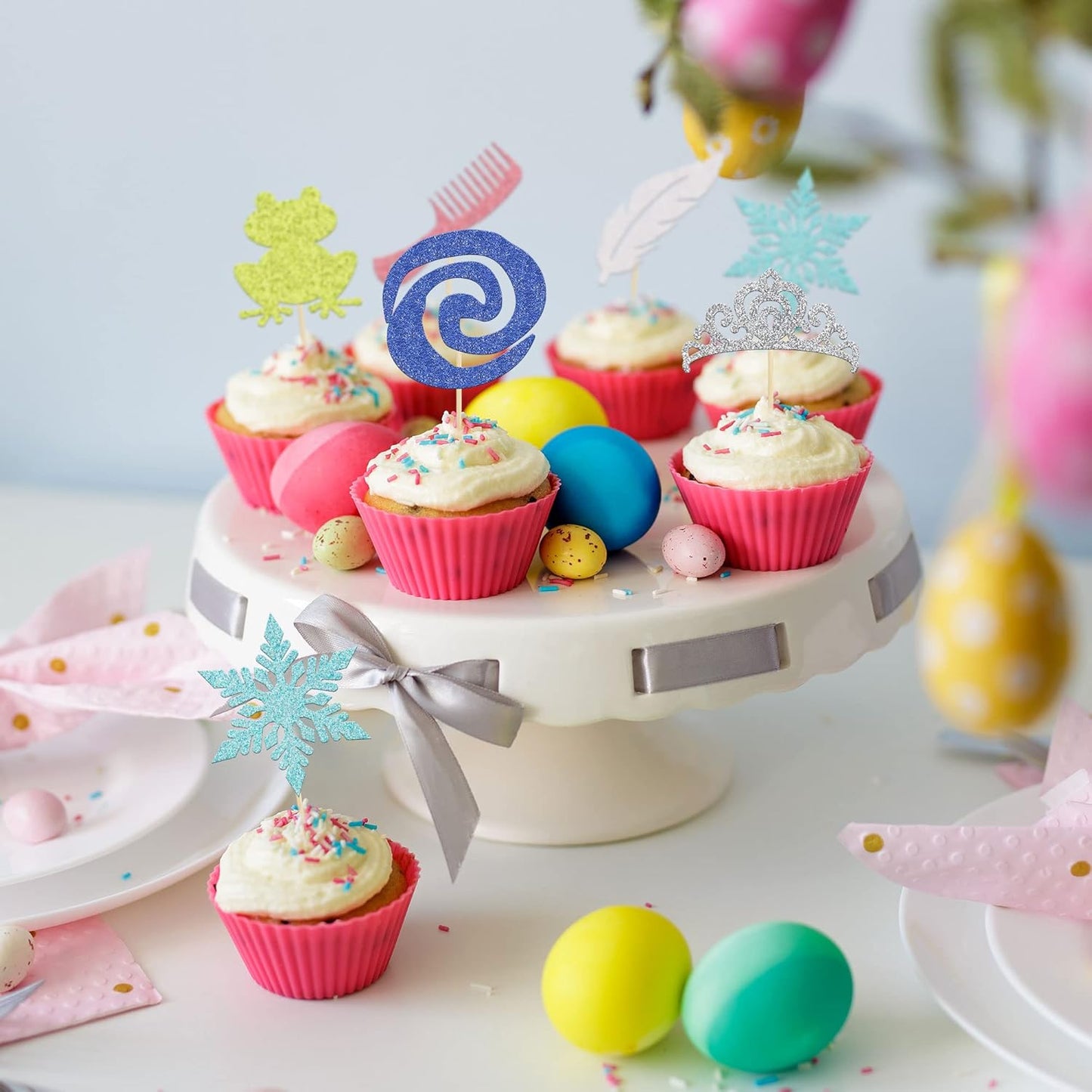 Gyufise 24Pcs Princess Symbol Cupcake Toppers Crown Frog Feather Comb Snowflake Cupcake Pick Decorations for Princess Theme Baby Shower Kids Birthday Party Supplies