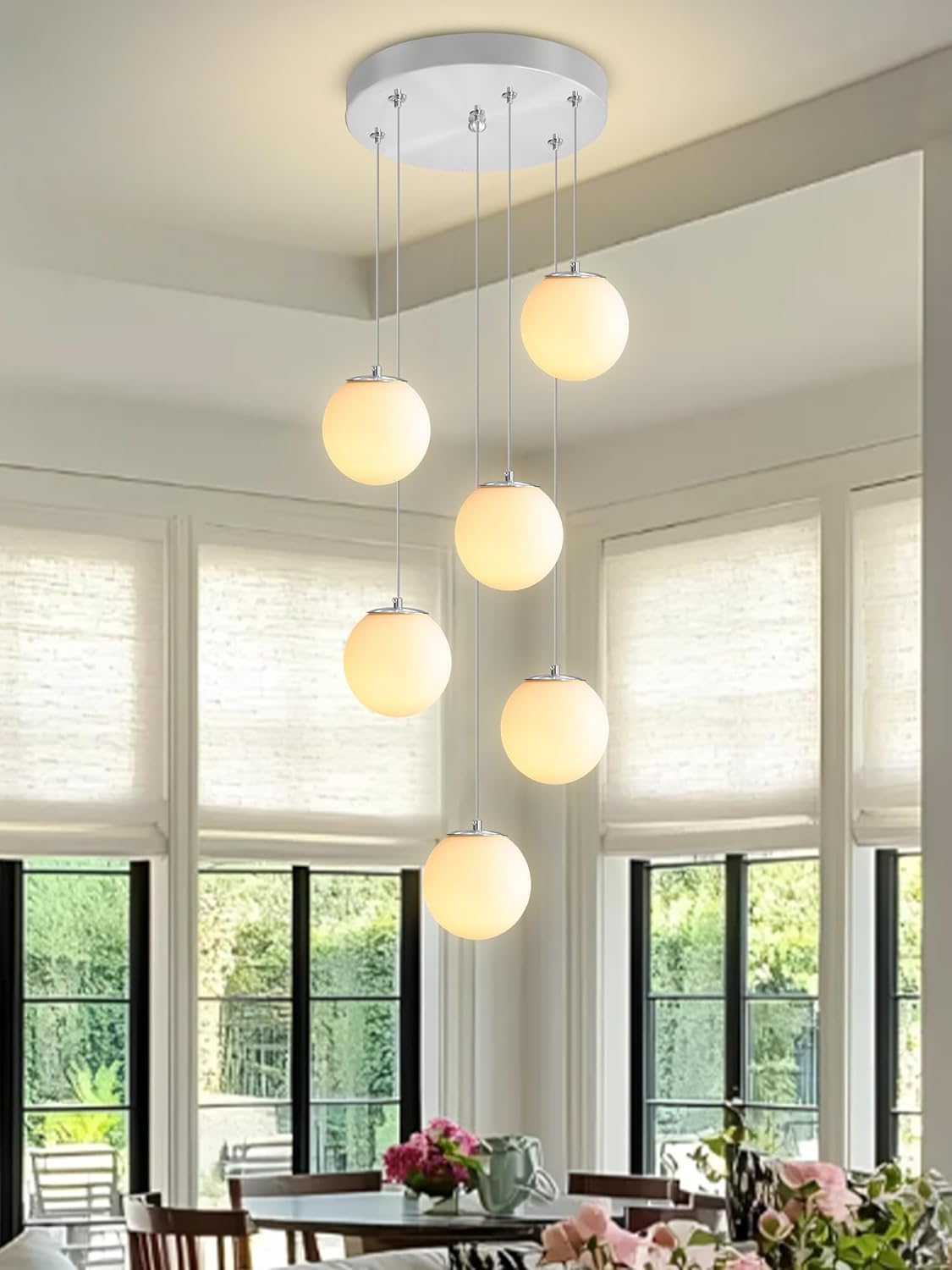 H 87in Globe Pendant Light 6-Lights Modern Hanging Chandelier for Kitchen Island Silver Globe Chandelier Milk White Glass Pendant Lighting for Living Room Bedroom Entryway