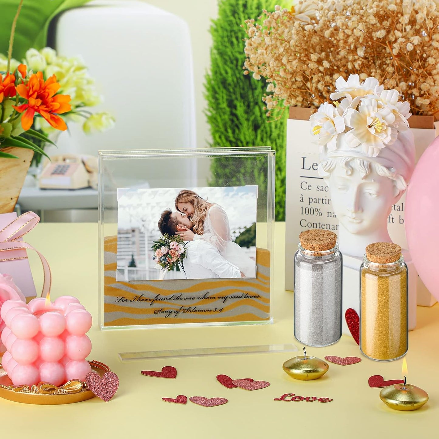 Roowest Sand Ceremony Kit for Wedding Includes Clear Acrylic Unity Sand Ceremony Photo Frame 2 Pack Photo Fixing Corner Stickers and 2 Glass Unity Holder for Wedding Home Decor(Yellow, Gray)