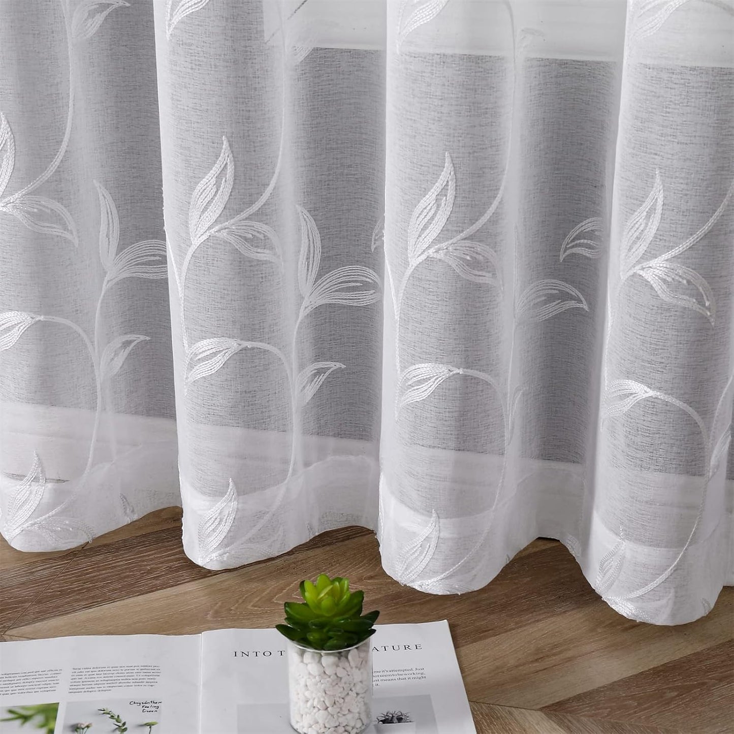 VISIONTEX White Sheer Voile Curtains, Decorative White Embroidery Faux Linen Rod Pocket Window Drapes for Home Kitchen, Living Room and Bedroom 54 x 72 Inch, Set of 2 Curtain Panels