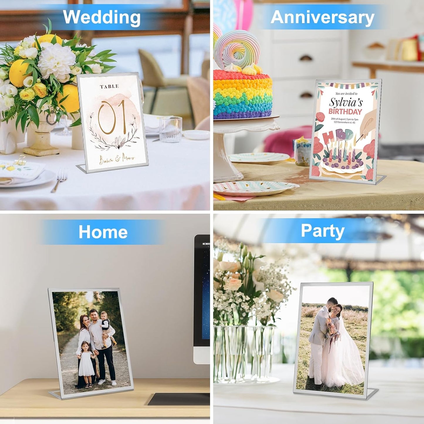 EHWINE 12 Pack Acrylic Sign Holder 8.5 x 11, Silver Picture Frame Stand up Table Top Sign Holders, Slanted Back Paper Holder Clear Display Stand Menu Flyer Holder for Wedding Party