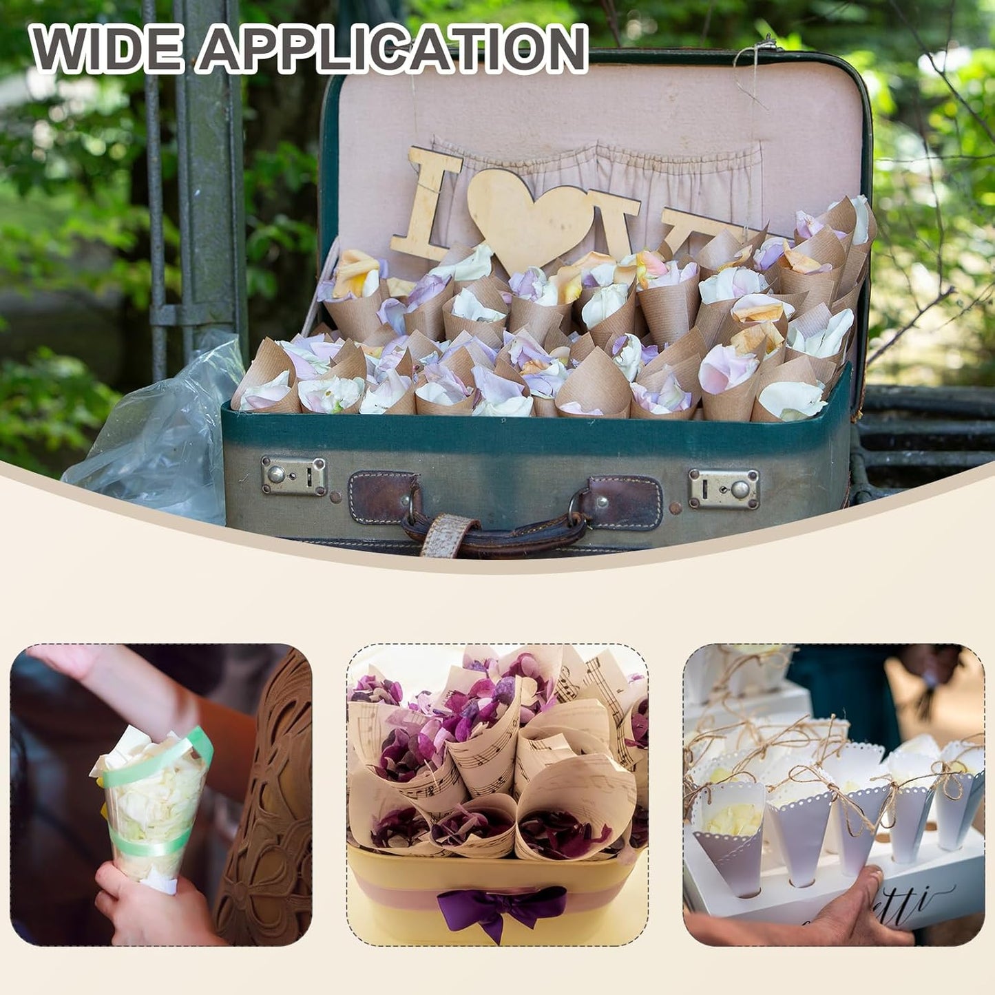 PATIKIL Wedding Confetti Cones, 50 Pcs Paper Tapers Hollow Print Lace Cone Bouquet for Party Candy Gift Boxes Chocolate Bags Buffet Bachelor Party Petals, Brown