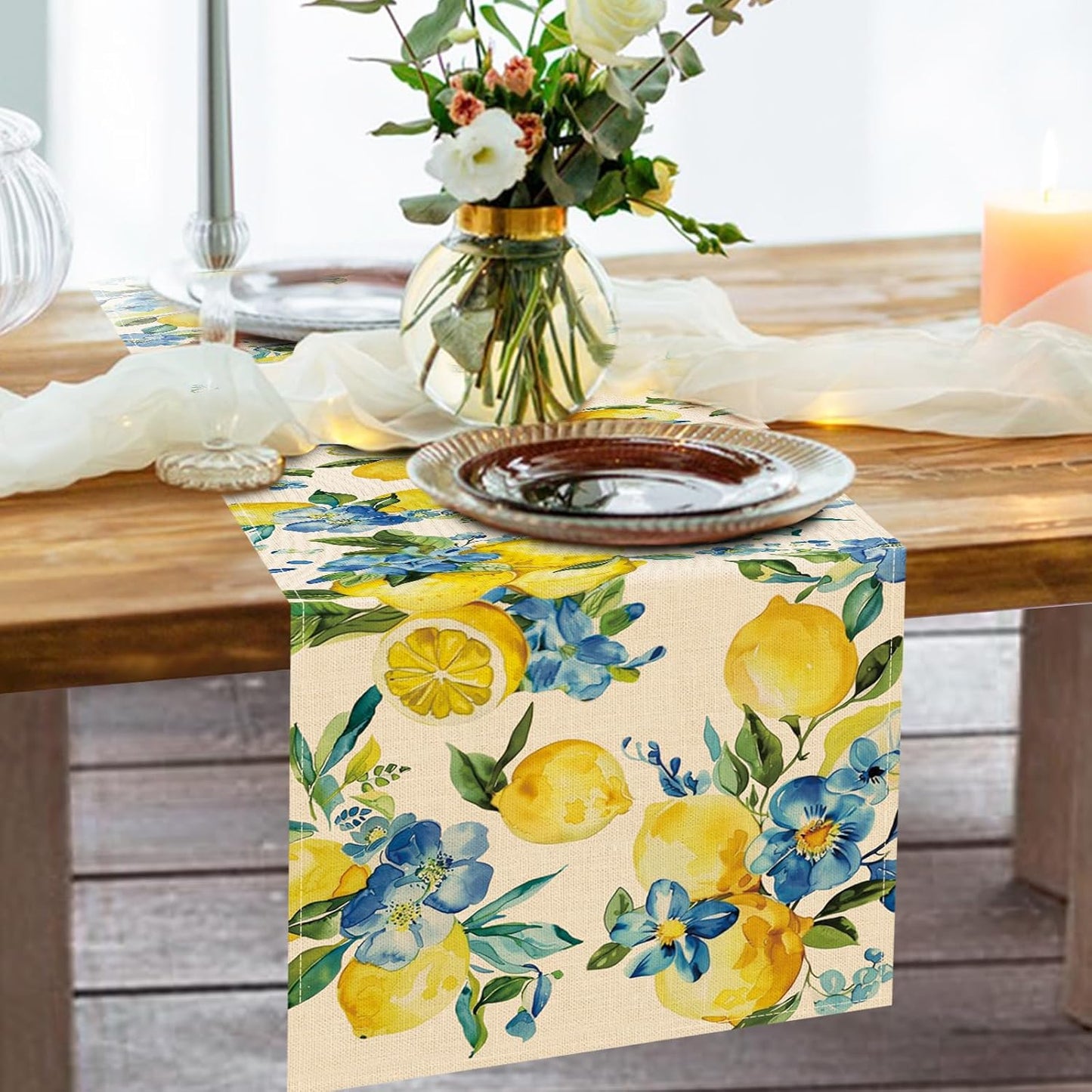 Lemon Blue Flower Dining Table Runner, Spring Summer Fruit Floral Burlap Kitchen Decoration, Seasonal Indoor Outdoor Home Decor Party Supply 13 x 72 Inches
