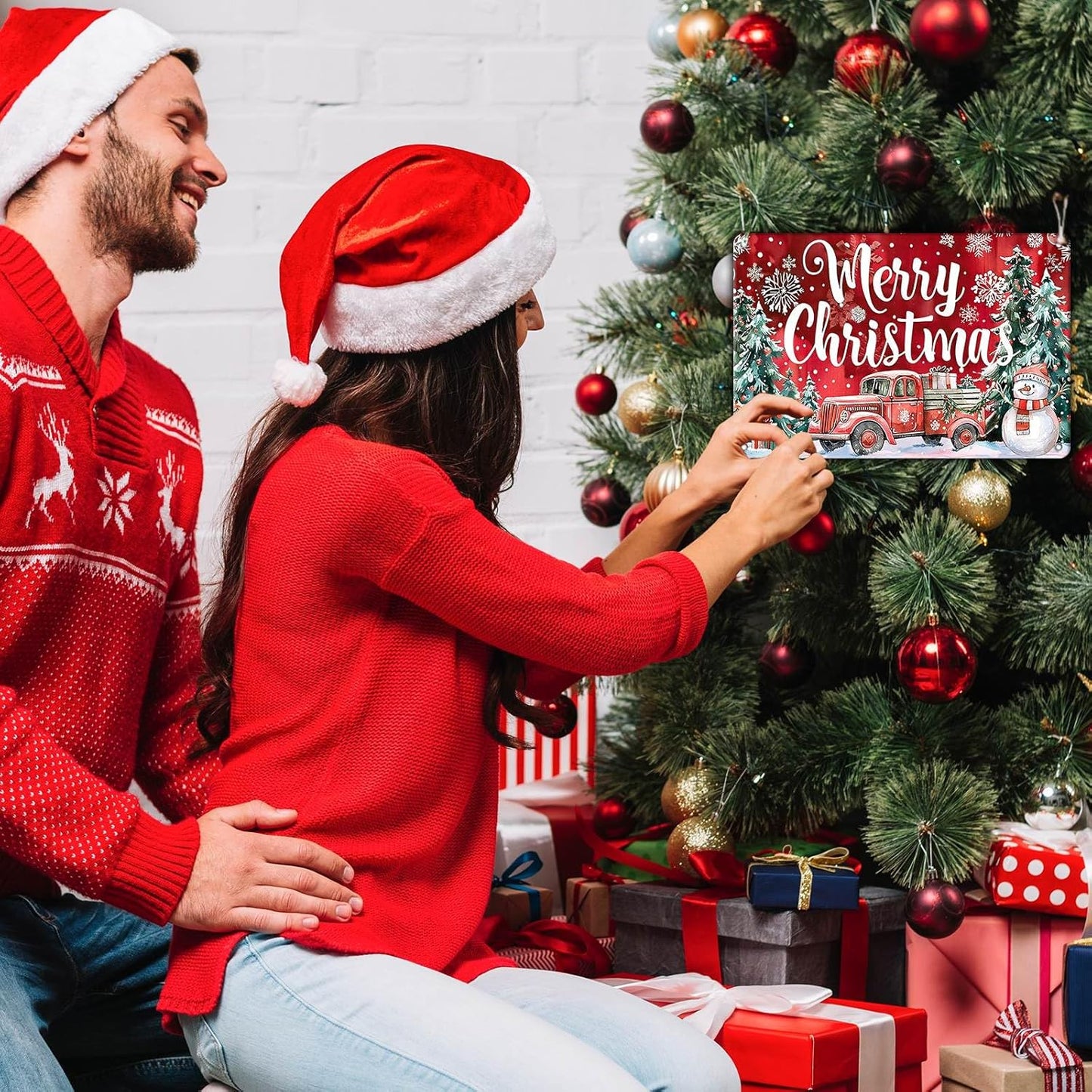 Christmas Truck Metal Tin Sign Merry Christmas Sign Funny Snowman Tin Sign Christmas Tree House Decoration for Indoor Home House Decor Party Supplies 8x12Inch