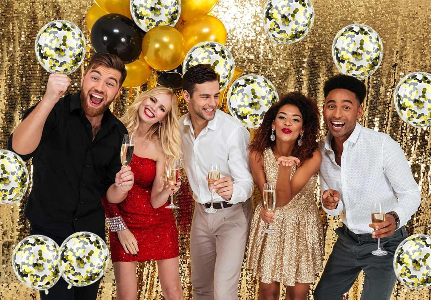 50pcs Gold Black Foil Confetti Balloons,12 inch Latex Balloon with Gold Black Confetti Inside for Birthday Family Party Graduation Decorations