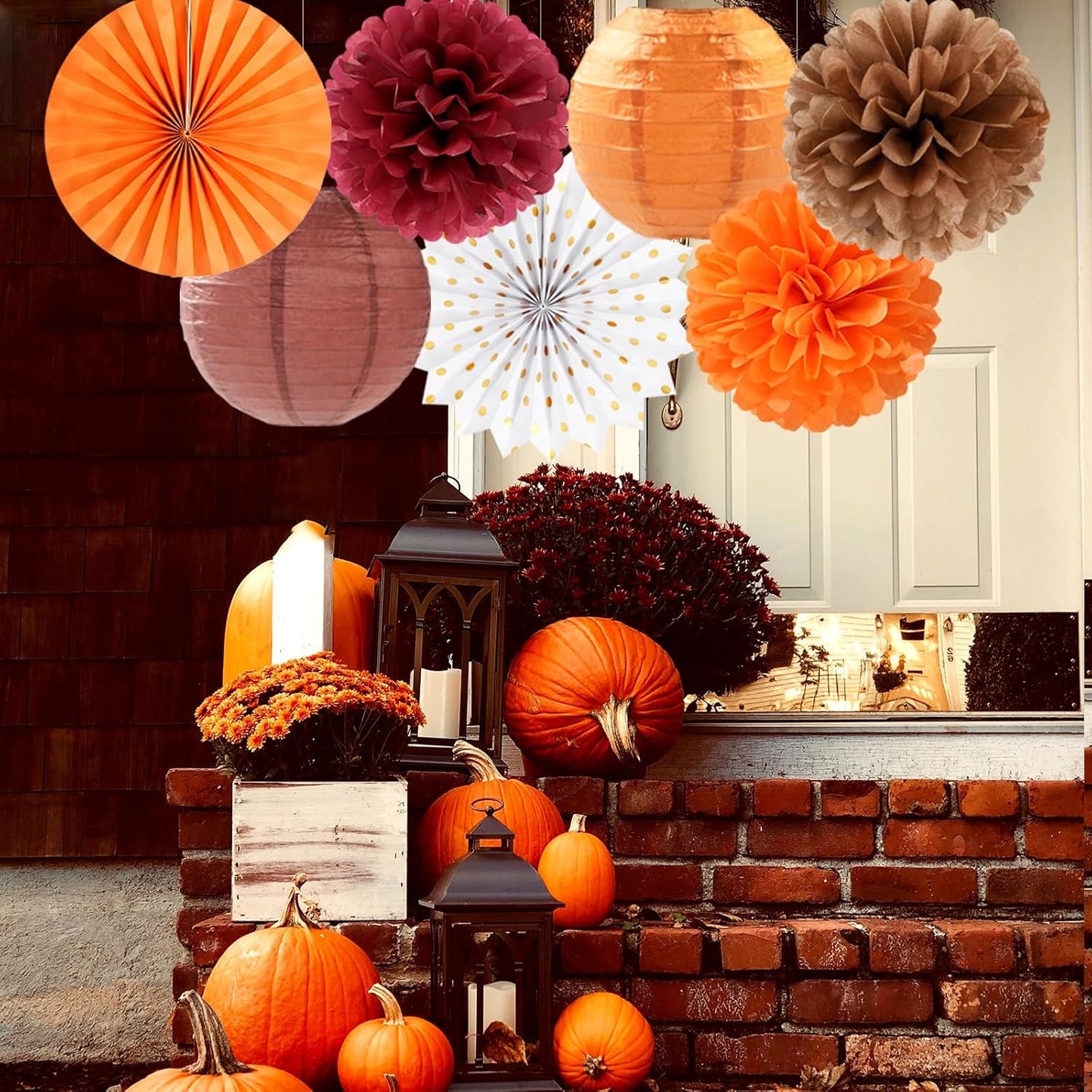 Burgundy Brown-Orange Baby-Shower Boho Party-Decorations - 20pcs Fall Autumn Paper Lanterns Fans,Tissue Pom Poms,Honeycomb Balls,Wedding Birthday Bridal Harvest Thanksgiving Festival Decor Burgleda