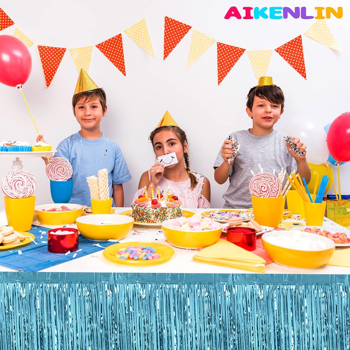 6 Pack 29x108 Inch Metallic Foil Fringe Tinsel Table Skirts Banner for Rectangle Tables Streamer Garland Backdrop for Wedding, Birthday, Parade Floats, Halloween Party Decoration(Light Blue)