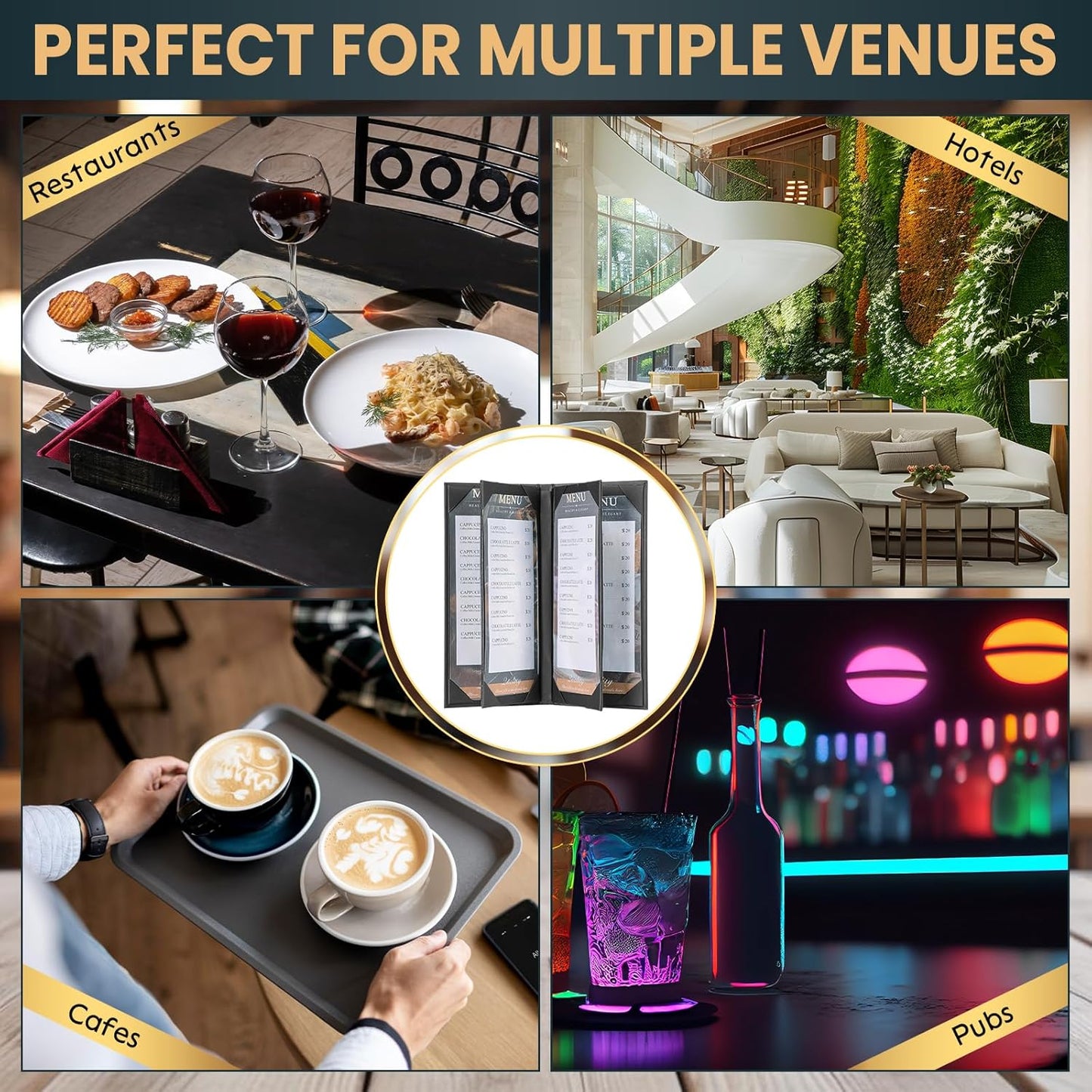 2 Pack 6 View Menu Holder Menu Covers 4.25" x 11" | Black Leather Menu Sleeves Book Style for Restaurant Coffee Bars Wine List