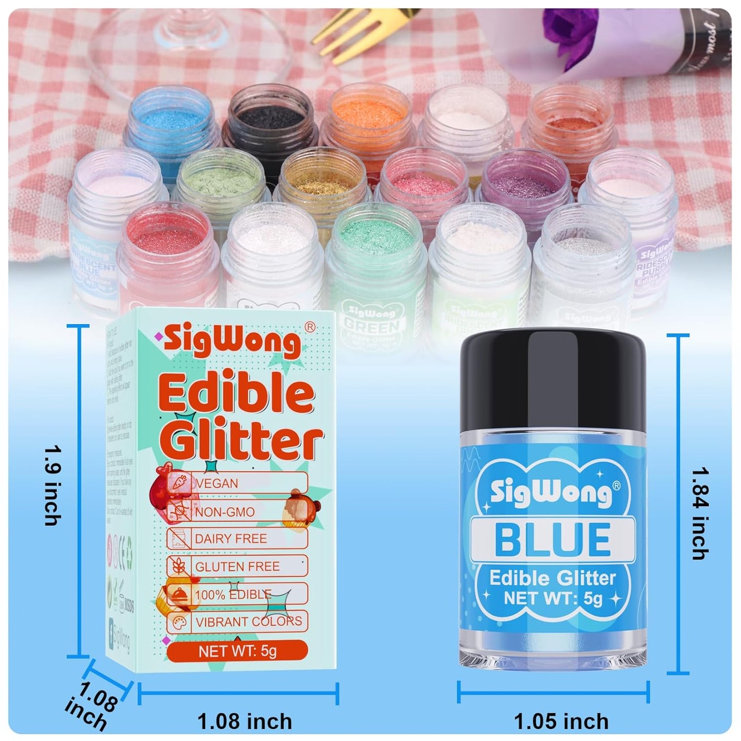 Blue Edible Glitter - 5g Food Grade Cake Decorating Shimmering Glitter, Edible Sprinkle Luster Dust for Drinks, Chocolates, Fondant, Strawberries, Cupcakes, Candy, Cookie - Vegan