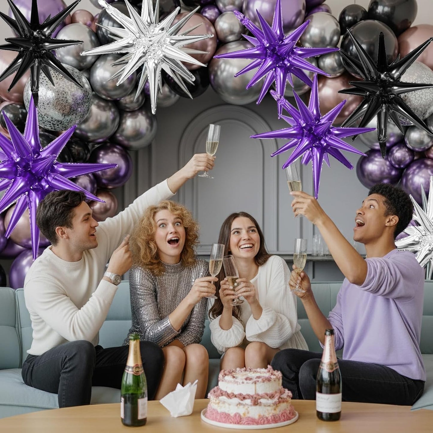 Black Purple Silver Star Balloons,9Pcs 22Inch Black Silver Purple Explosion Spike Cone Helium Polyester Film Star Foil Balloons for Birthday Halloween Anniversary Baby Shower Party Decorations