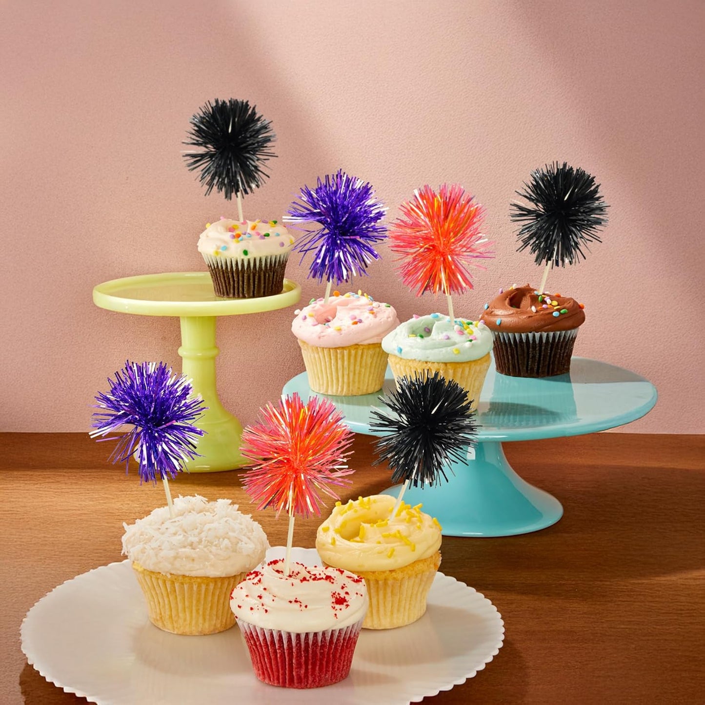 Gyufise 30Pcs Foil Firework Cupcake Toppers Sparkle Tinsel Cake Toppers Tinsel Drink Cake Decoration Cocktail Picks for Halloween Birthday Wedding Graduation Party Supplies Purple Black Orange