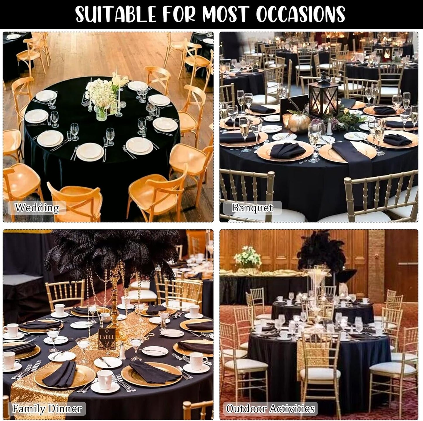 Fivenl 8 Pack Round Tablecloth 90 Inch Round Table Covers Bulk Washable Polyester Fabric Round Table Clothes for Wedding Party Reception Banquet Buffet Restaurant (Black, 90 Inch)