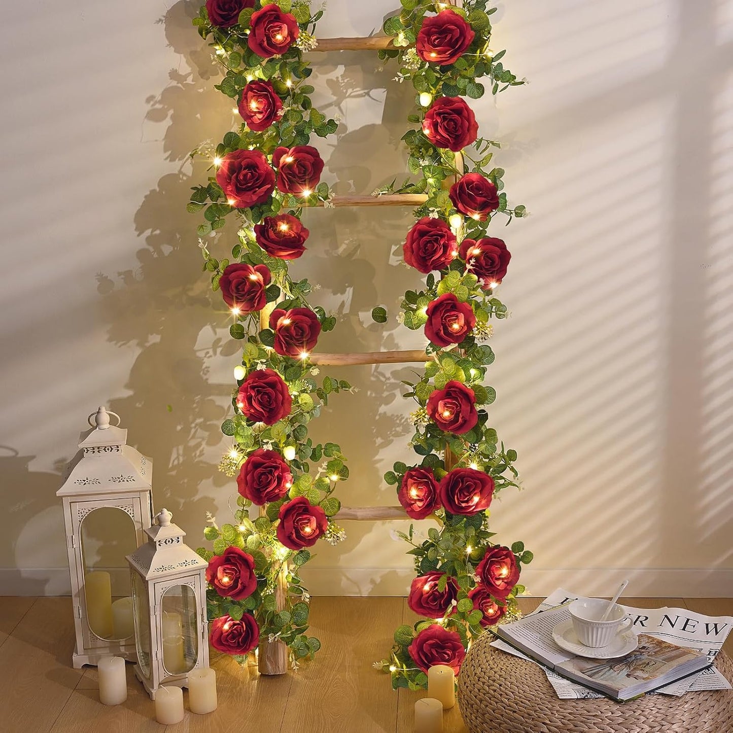 Dolicer 2Pcs 13Ft Artificial Eucalyptus Garlands with Flowers - 8 Roses, Faux Floral Greenery Garlands with 13Ft String Lights Fake Flowers Vines for Wedding Table Centerpieces Arch Party Decor (Red)