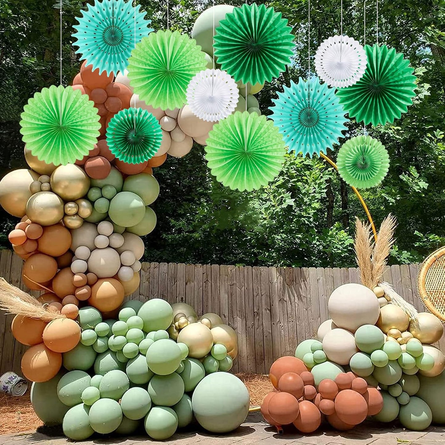 SUNBEAUTY Pack of 11 Green White Party Decoration Hanging Honeycomb Round Paper Fans Kit for Dinosaur Theme Birthday Baby Shower Summer Forest Carnival St.Patrick's Irish Backdrop Party Supplies