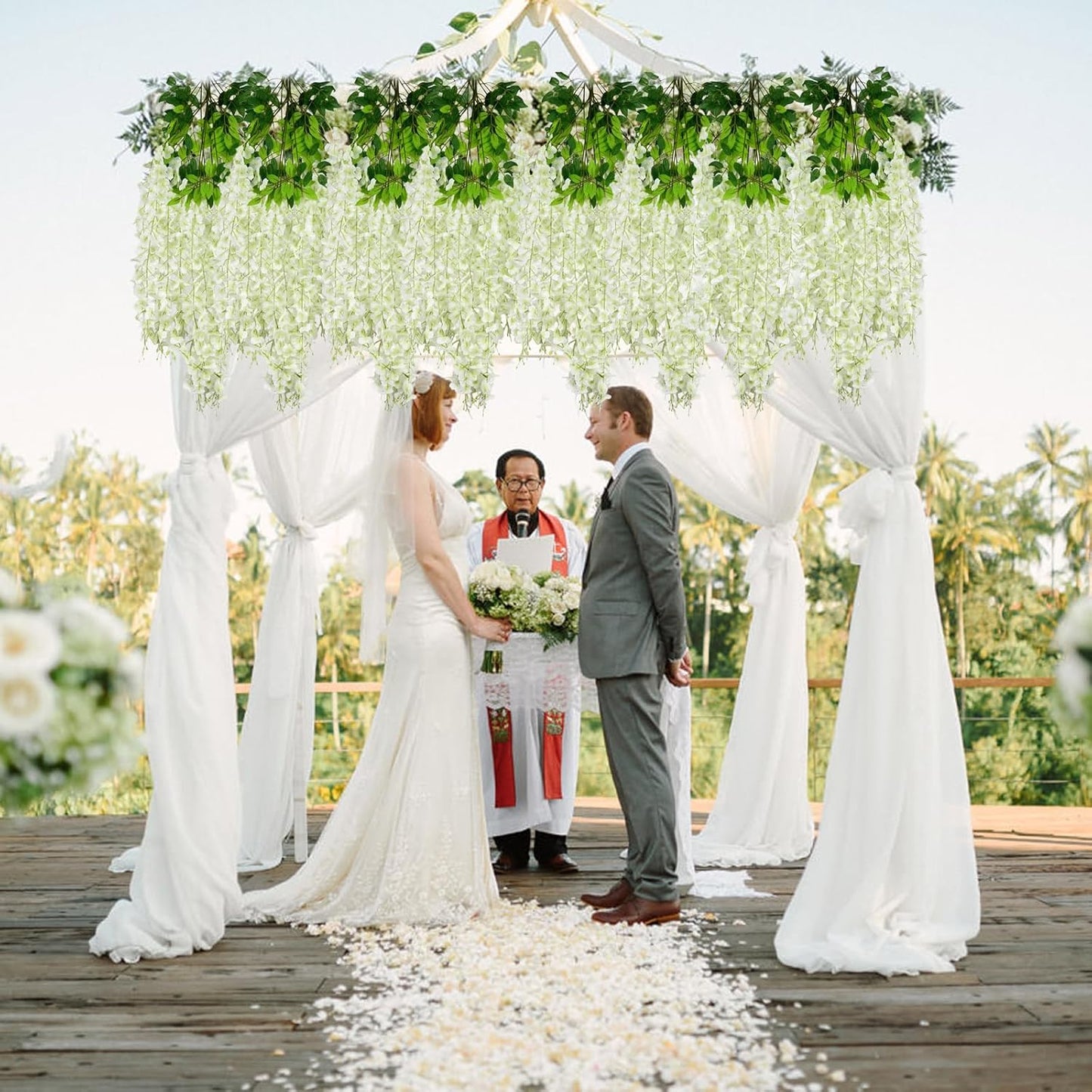 36 Pack Green White Wisteria Hanging Flowers, 3.44 Ft Fake Hanging Flowers, Artificial Wisteria Garland Vines for Wedding Room Backdrop Outdoor Patio Garden Decoration