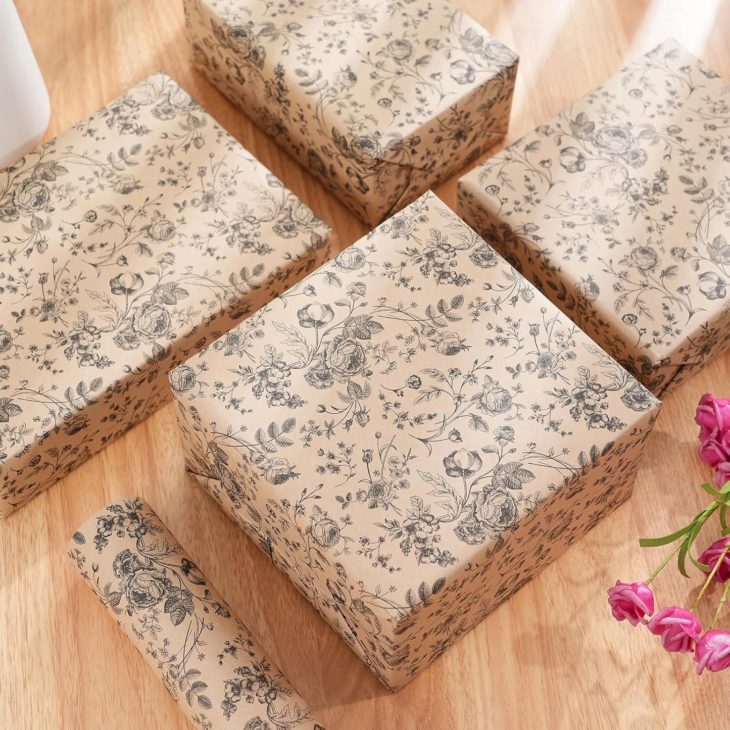 Ulmasinn Kraft Floral Wrapping Paper Roll - 17 Inches x 33 Feet - Vintage Black Floral Design with Cut Lines for Upscale Gifts, Birthday, Bridal Shower, Wedding, Mother’s Day, Valentine's Day