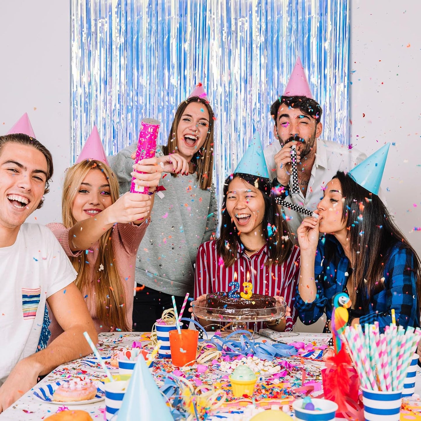 2 Pack Foil Curtain Backdrop Iridescent Metallic Tinsel Foil Fringe Curtains Photo Booth Props for Birthday Wedding Engagement Baby Shower Bachelorette Christmas Holiday Celebration Party Decorations