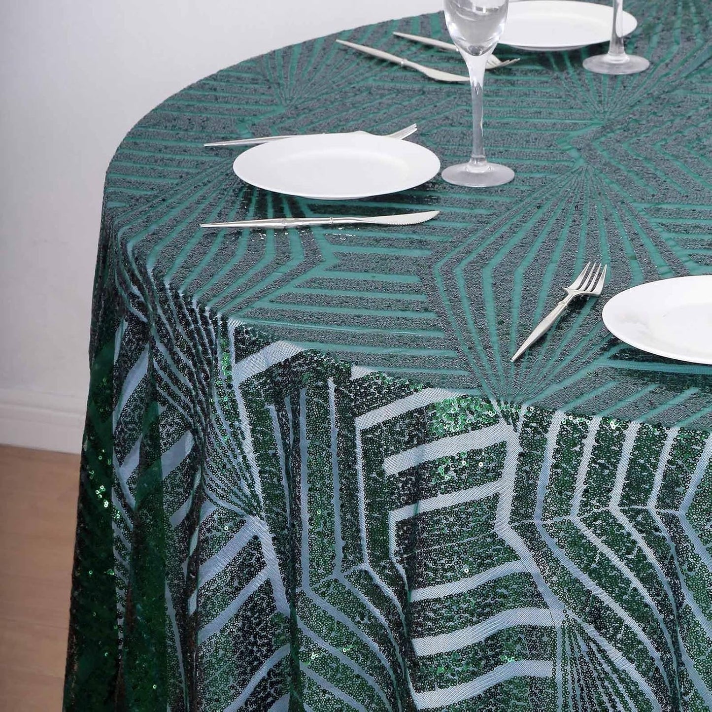 Efavormart 120" Hunter Emerald Green Sparkly Sequin Geometric Tulle Round Tablecloth