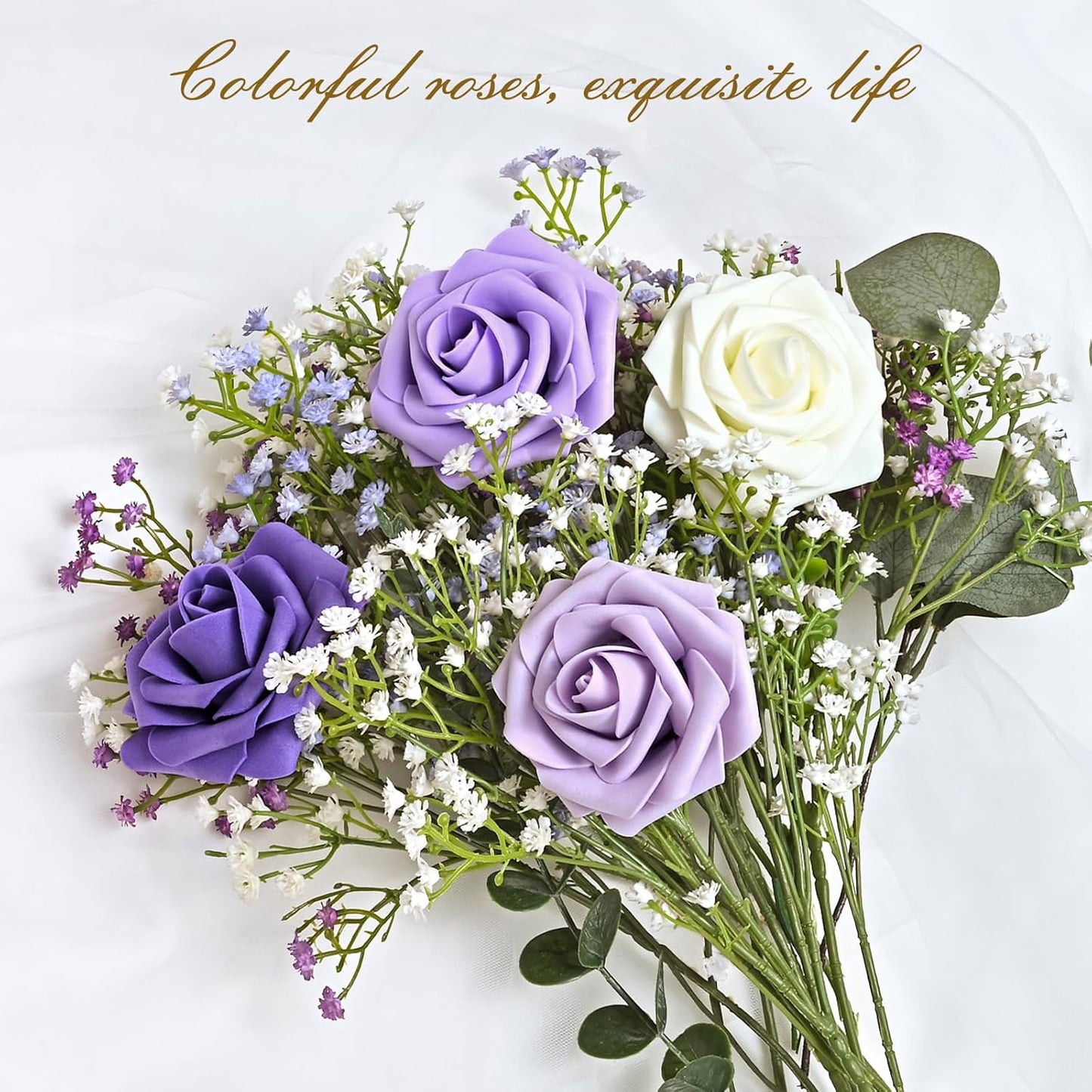 BLEUM CADE 36Pcs Artificial Flowers Fake Roses with Stems, Gradient Purple Boxed Foam Roses for DIY Bouquets Centerpieces Wedding Party Arrangement Bridal Shower Decor