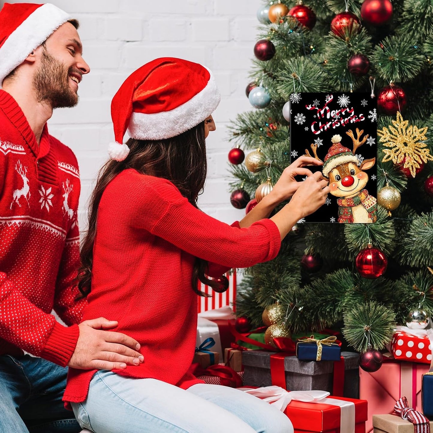 Merry Christmas Reindeer Metal Tin Sign - Funny Christmas House Decoration 12x16Inch for Outdoor and Indoor Use