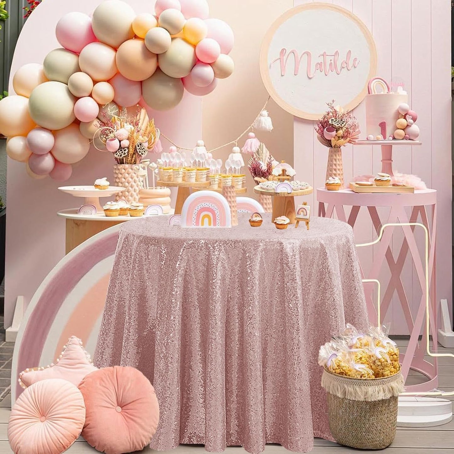 OQSQ Rose Gold Round Sequin Tablecloth, Glitter Tablecloth for Bridal Shower Decorations, Birthday, Wedding, Dessert, Banquet(50X50 inch Round,Rose Gold)