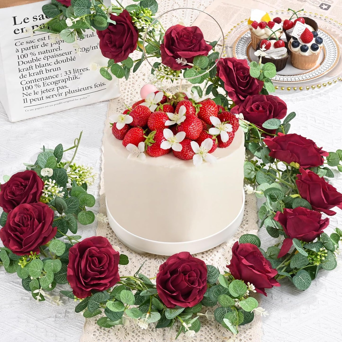 Dolicer 4Pcs 26Ft Artificial Eucalyptus Garlands with Flowers - 8 Roses, Faux Floral Greenery Garlands Fake Flowers Vines for Wedding Table Centerpieces Arch Party Ceremony Backdrop Decor (Red)