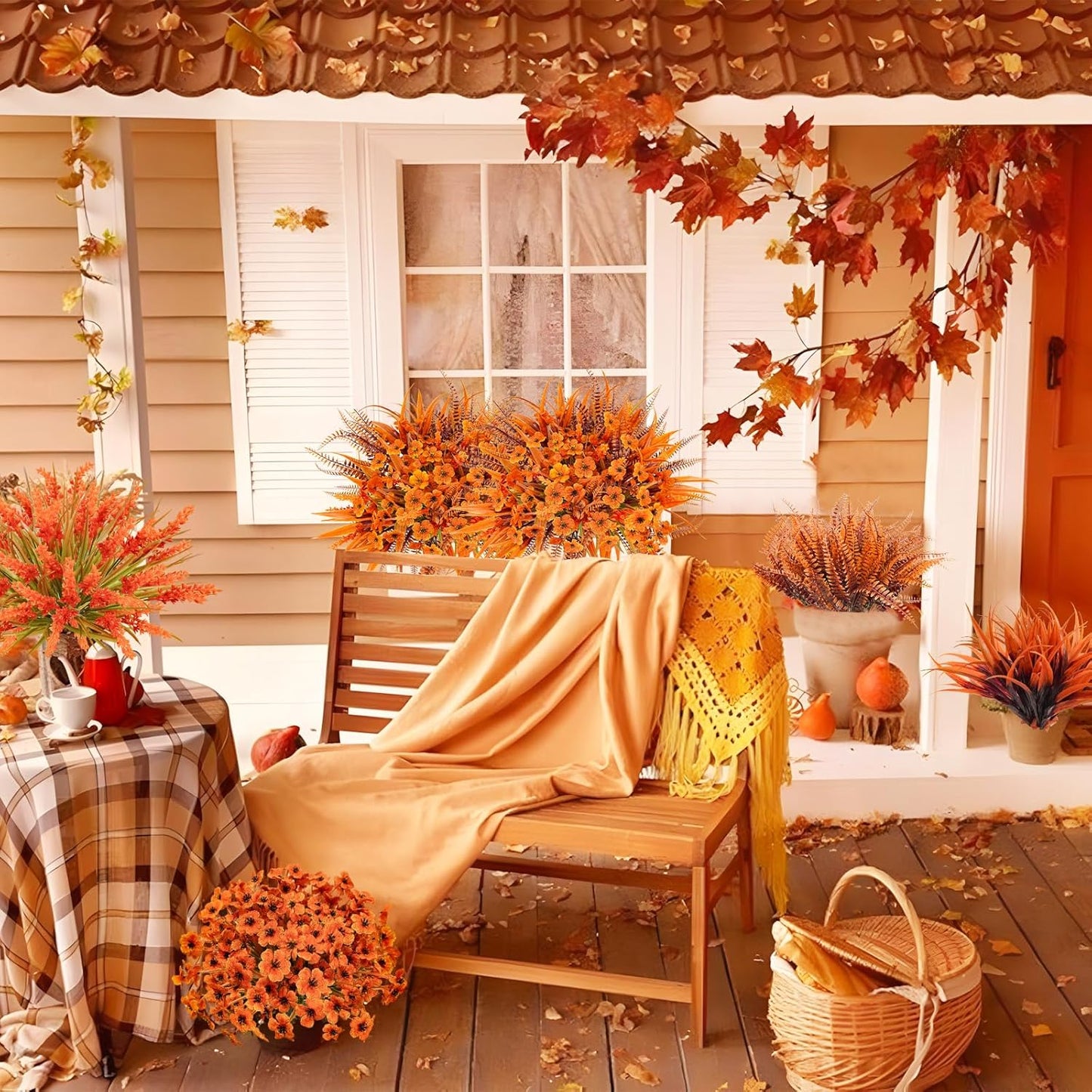 Faux Fall Flowers Outdoor, 16Pcs Artificial Fall Flowers UV Resistant Autumn Plastic Flowers Plants Fall Greenery Shrubs for Outside Porch Patio Garden House Thanksgiving Decor