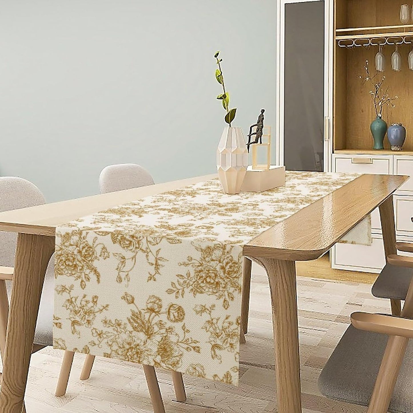 Retro Floral Table Runner, Golden White Wildfloral Sketch Print Kitchen Dinning Table Runner for Indoor Outdoor Home Wedding Party Holiday, 13x70 Inch