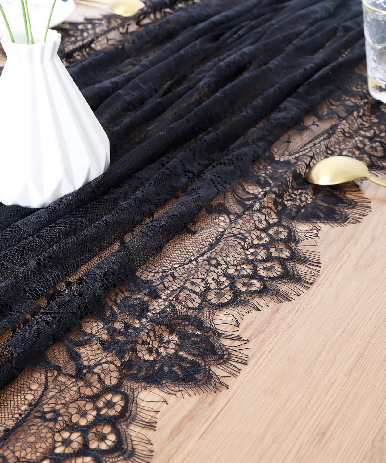 Black Lace Tablecloth Halloween Table Fabric 60x120 Inch for Scary Movies Rustic Wedding Bridal Shower Party Decoration Rectangle Overlay Long Vintage Embroidered Reception Table Cloth Decor