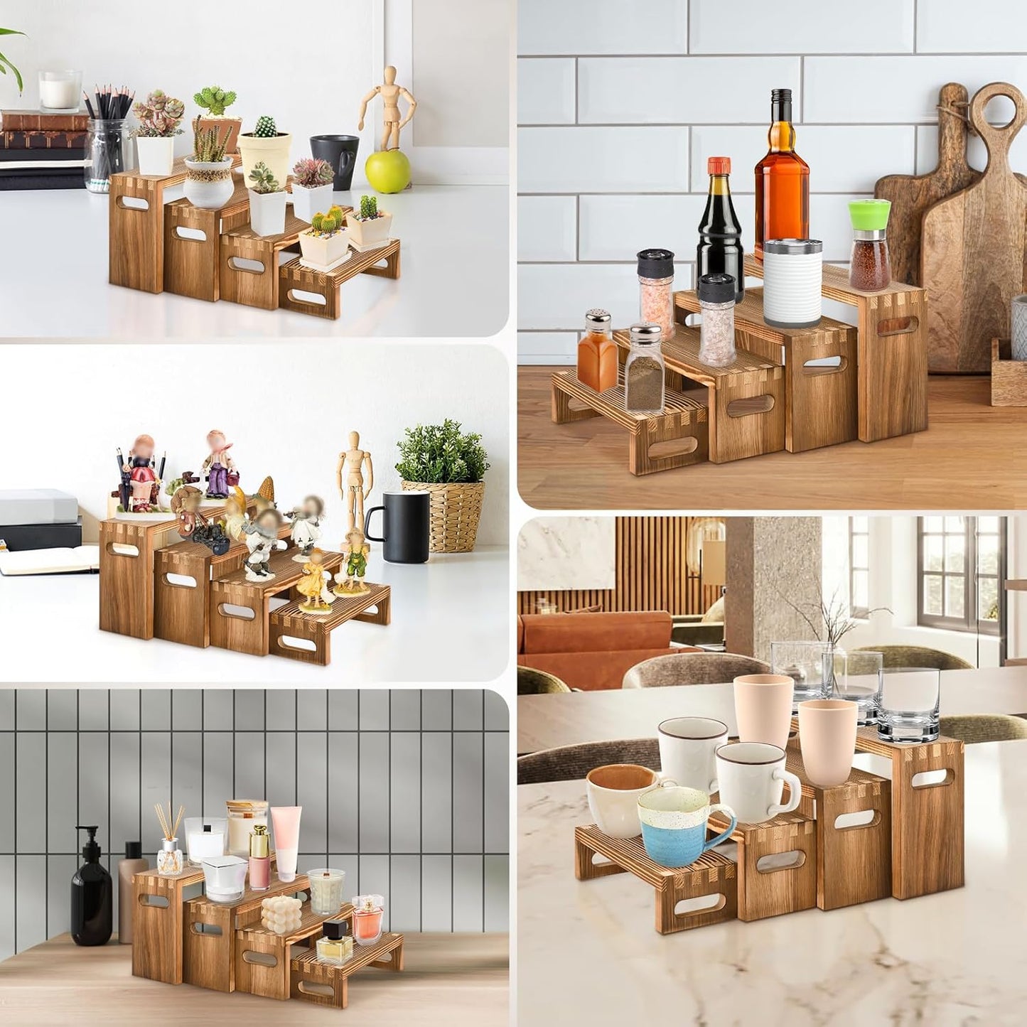 8 Pcs Wood Risers Display Stands, 2 Set Wooden Risers for Table Display, 4 Tier Rectangular Riser Display Stand Wooden for Cupcake, Desserts, Perfume, Collections, Jewelry Showcase