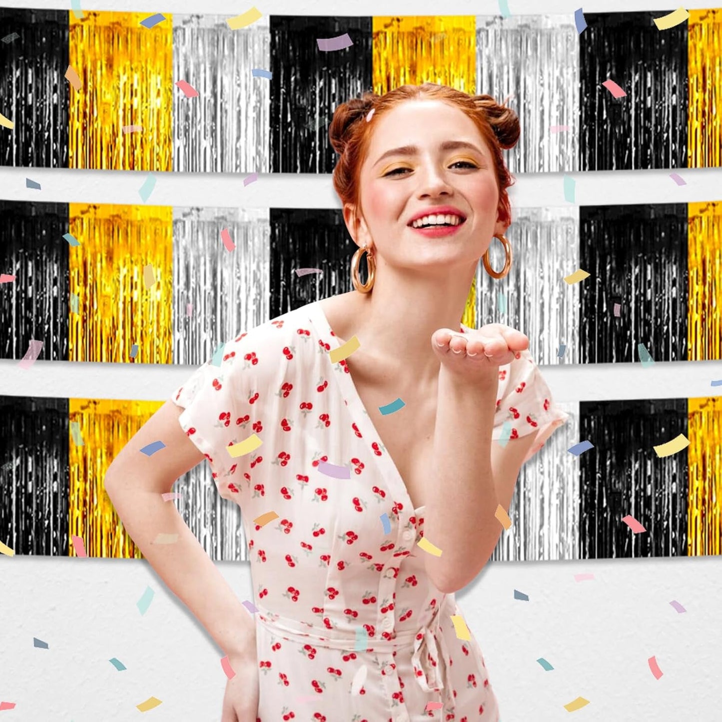 6 Pack 10 Feet Black Gold Silver Foil Fringe Garland Metallic Tinsel Streamers Banner Wall Hanging Curtain Backdrop for Parade Floats, Birthday, Graduate, Mother's Day, Wedding Party Decoration