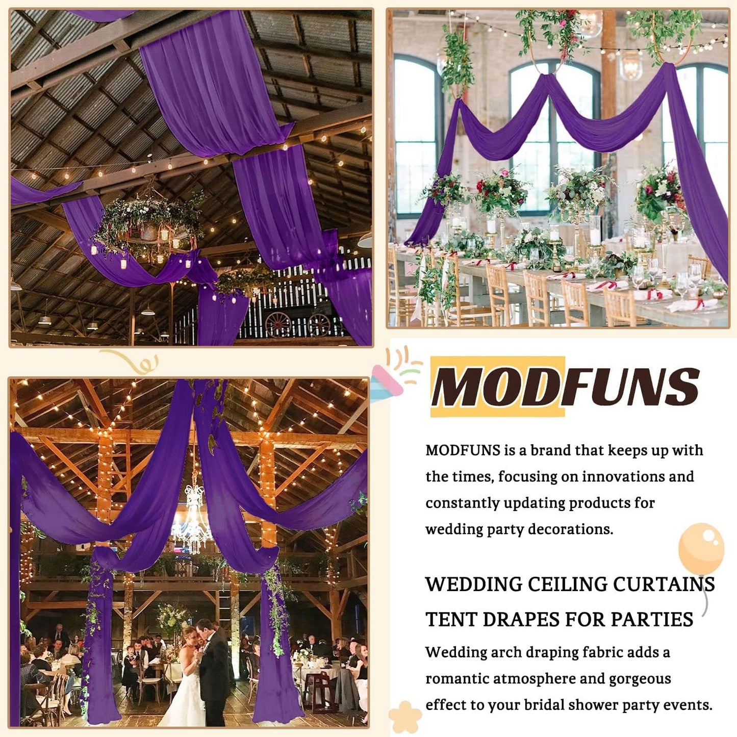 MODFUNS Ceiling Drapes for Parties Purple Ceiling Curtains 2 Panels 5FTx20FT Wedding Arch Draping Fabric Chiffon Curtains for Arbor Stage Sheer Backdrop Drapes for Ceiling Decorations Drapery Sheers