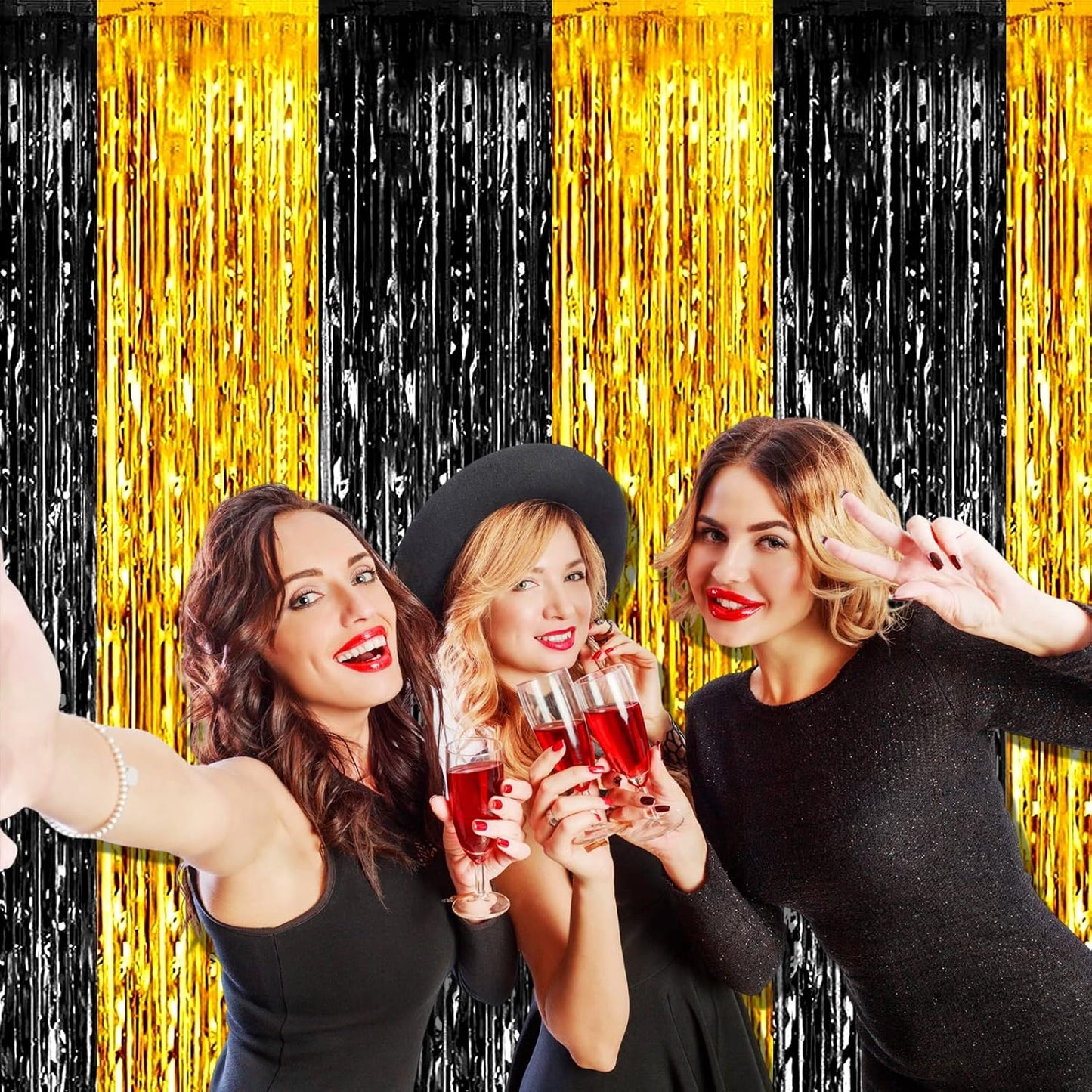 4 Pack Black Gold Foil Fringe Curtain Backdrop, 3.28Ft x 9.8Ft Metallic Tinsel Foil Fringe Streamers Curtains for Photo Booth, Wedding, Graduation, Birthday, Carnival Party Decoration