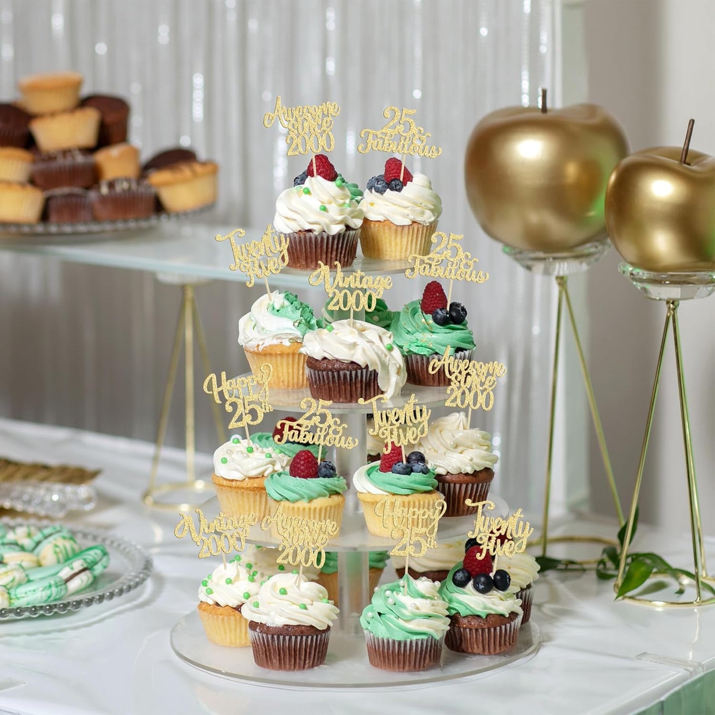 30Pcs Vintage 2000 Cupcake Toppers Glitter Twenty-Five Happy 25th Birthday 25 Fabulous Cupcake Picks Awesome Since 2000 Cake Decorations for 25th Birthday Anniversary Retirement Party Supplies Gold