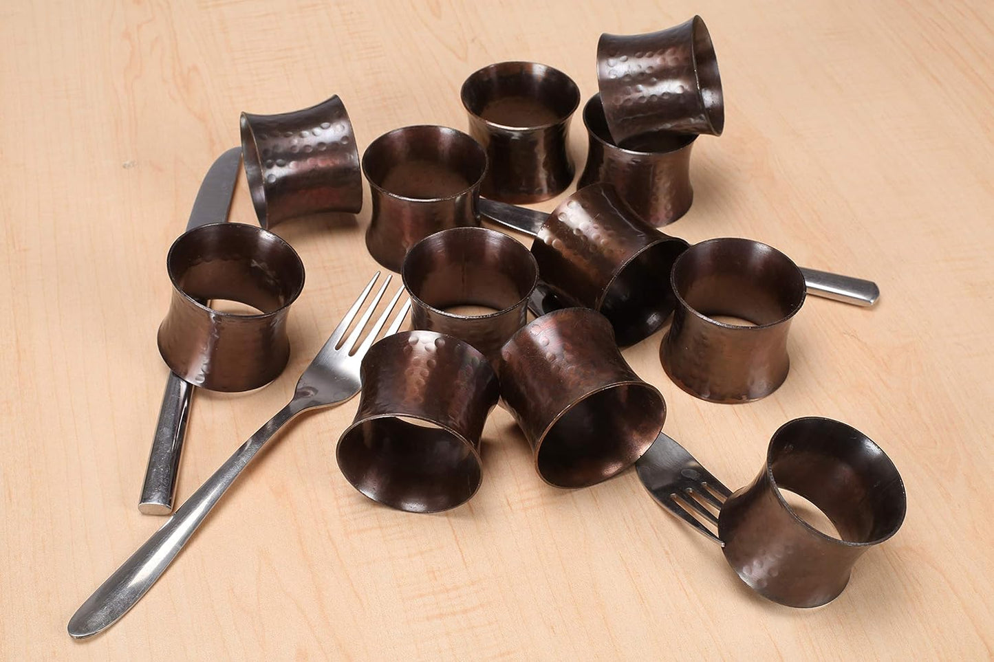 Drum Napkin Rings Set of 12 - Heavy Duty Napkin Holders, Hammered Napkin Rings Bulk for Party Decoration, Dinning Table, Everyday, Family Gatherings (Bronze) - ALPHA Living HOME