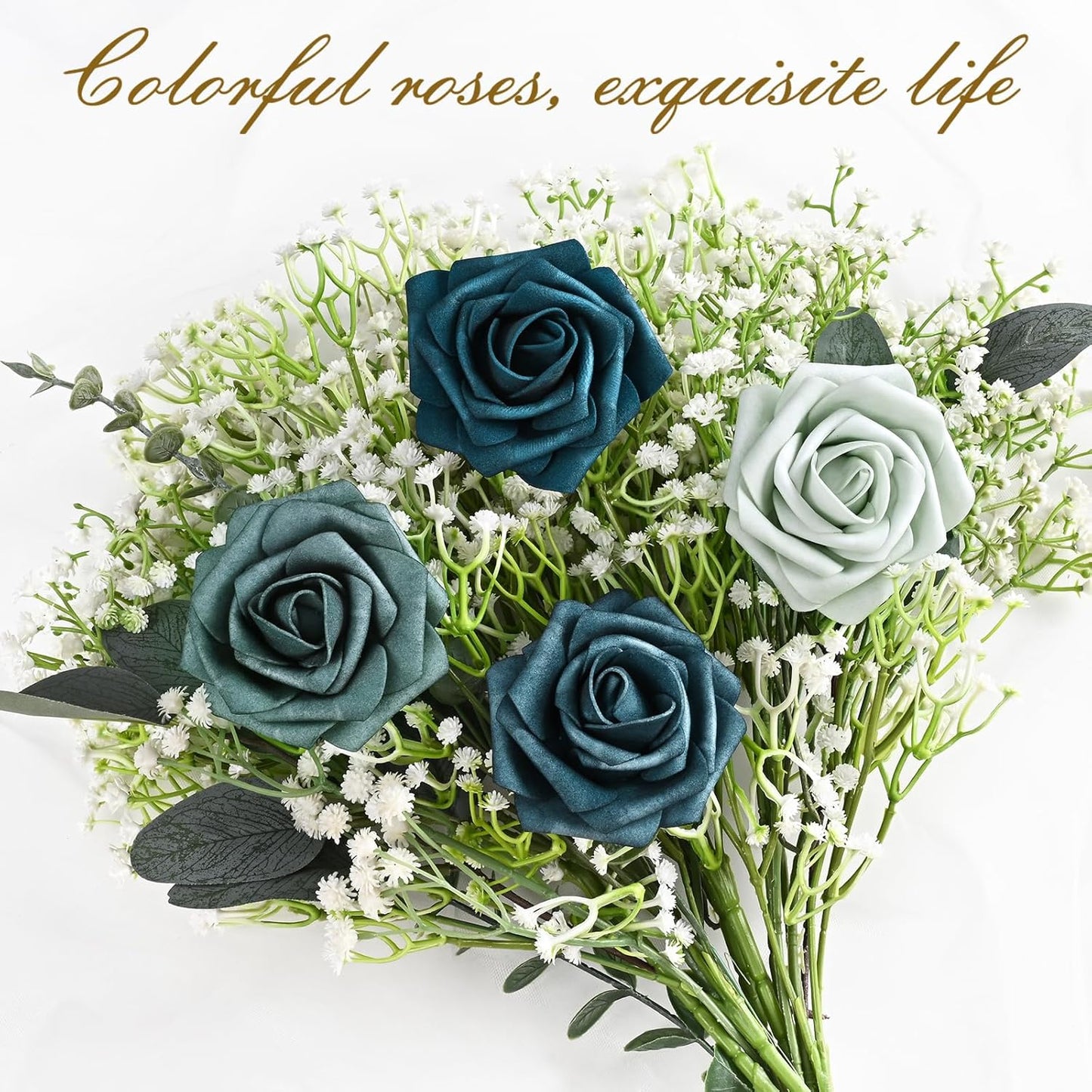 BLEUM CADE 16Pcs Artificial Flowers Fake Roses with Stems, Gradient Misty Blue Boxed Foam Roses for DIY Bouquets Centerpieces Wedding Party Arrangement Bridal Shower Decor