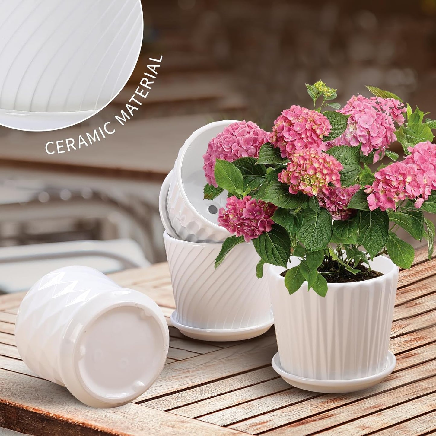 Plant Pots - 5.5 Inch Cylinder Ceramic Planters with Connected Saucer, Pots for Succuelnt and Little Snake Plants, Set of 4, White