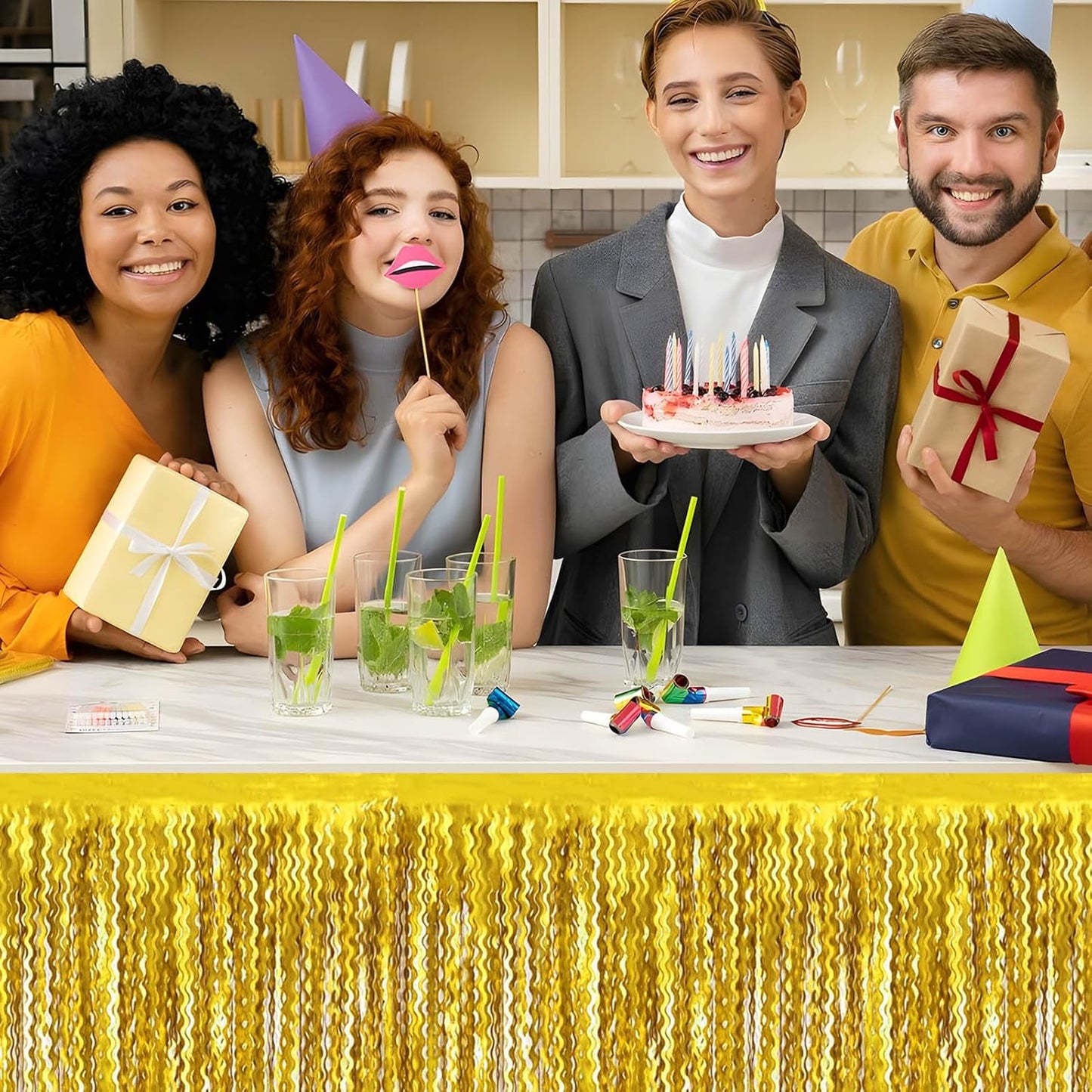 6 Pack 29x108 Inch Gold Wave Foil Fringe Table Skirts Metallic Banner for Tinsel Streamer Garland Backdrop for Parade Floats Wedding, Mother's Day, Birthday Mardi Gras Party Decorations