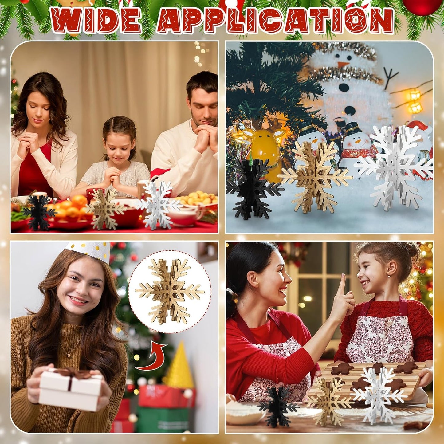 Bucherry 12 Pcs Wooden Snowflake Table Decor 3D Snowflake Tabletop Signs and Centerpiece for Christmas Xmas Winter Wonderland Decorations Home Party(White, Gold, Black)