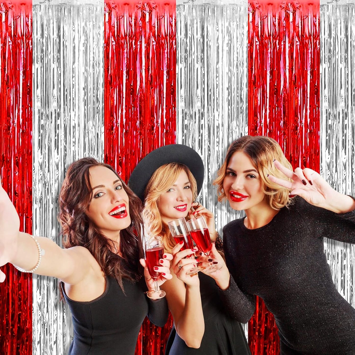 4 Pack Silver Red Foil Fringe Curtain Backdrop, 3.28Ft x 8.2Ft Metallic Tinsel Foil Fringe Streamers Curtains for Photo Booth, Wedding, Circus Welcome Carnival Birthday Party Decoration